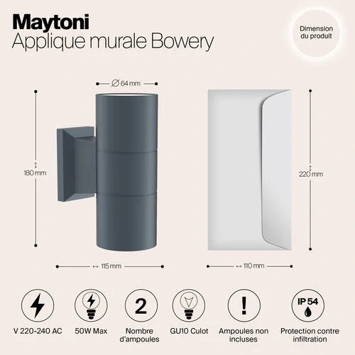 Бра Outdoor Bowery, 2xGU10 Серый (Maytoni Outdoor, O574WL-02GR) - Amppa.ru