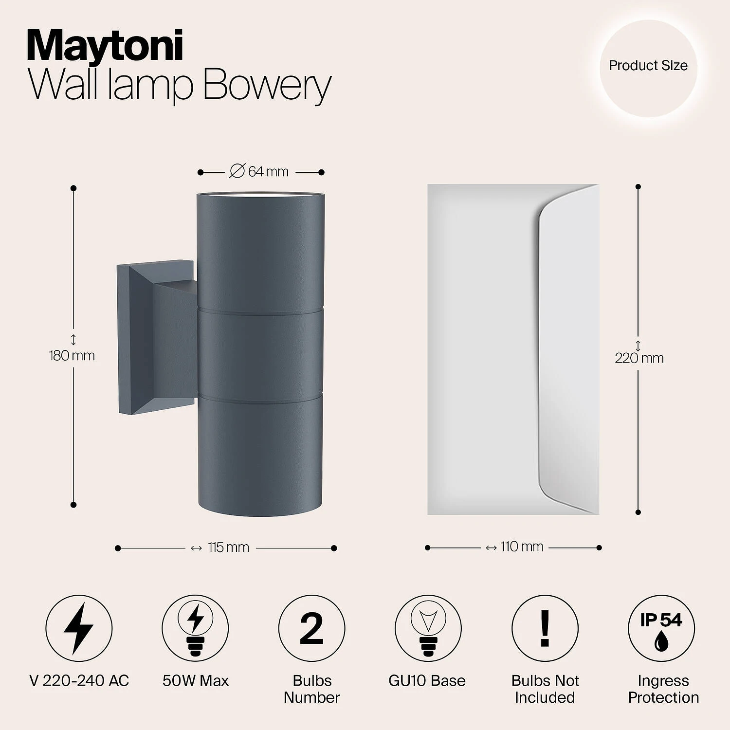 Бра Outdoor Bowery, 2xGU10 Серый (Maytoni Outdoor, O574WL-02GR) - Amppa.ru